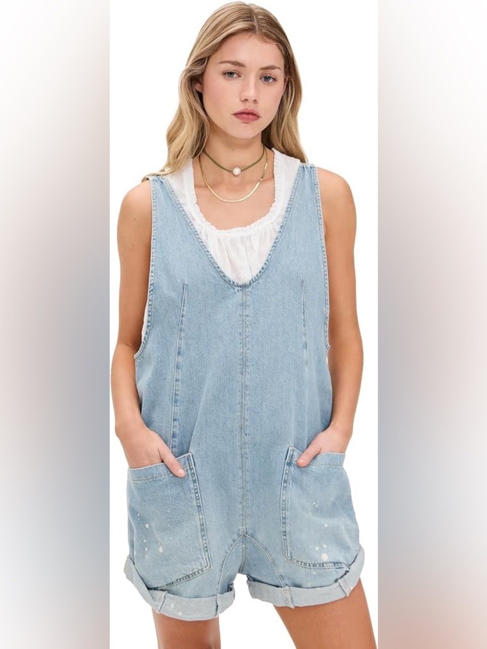 Free People Faded Light Blue Denim Short Overalls